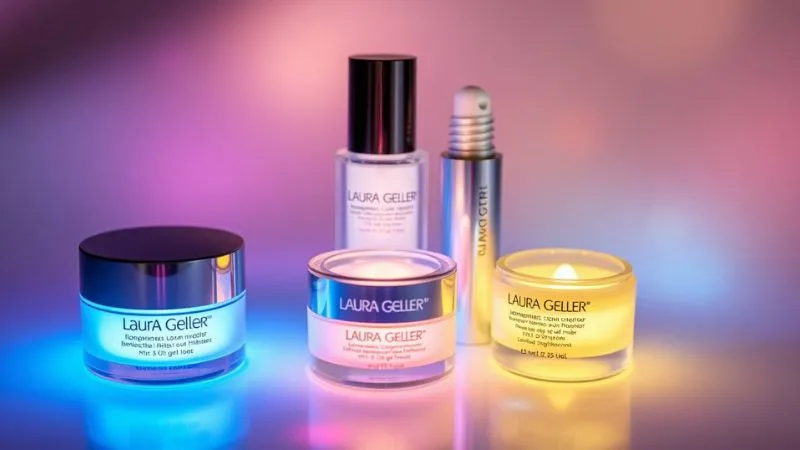 Laura Geller Makeup products displayed together, including foundation, blush, and highlighter, showcasing the brand's luxurious and high-quality range.